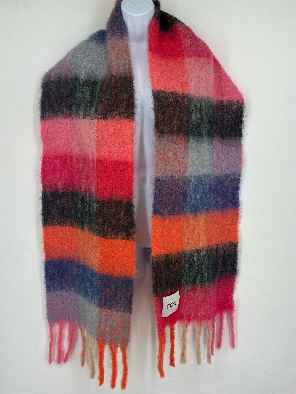 COS Wool Chunky Colorful Fringe Scarf Plaid Soft Bright Rectangle Pink Nylon